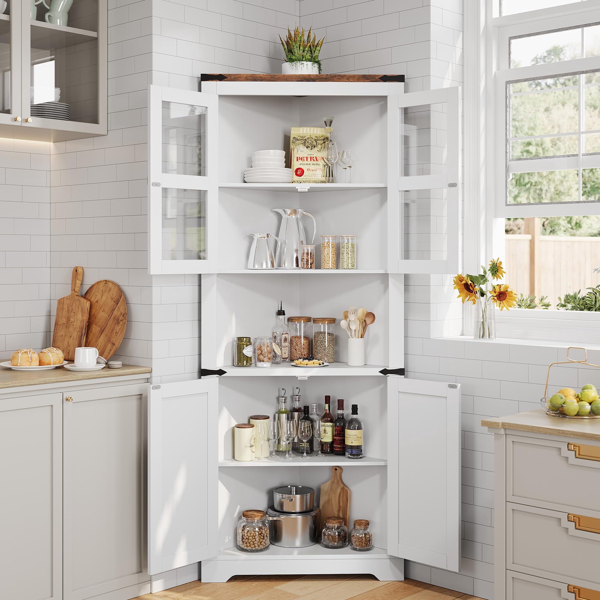 Corner Storage Cabinet with Glass Doors, Double-Door Corner Cabinet, Corner Cabinet with Shelves, Corner Cabinet with Light Strips-white