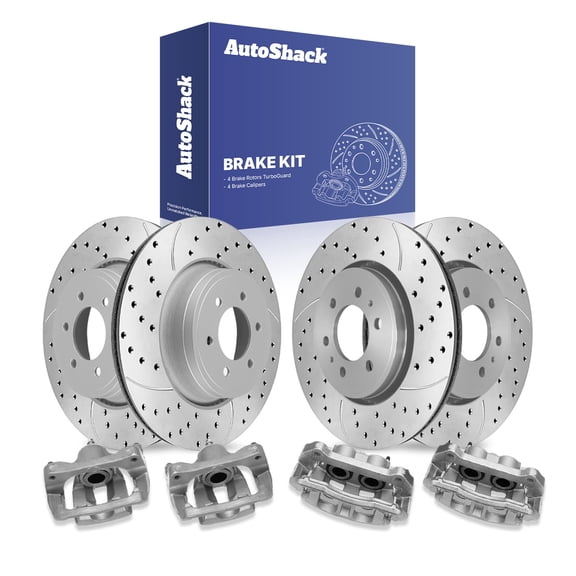 AutoShack Front & Rear Brake Rotors & Calipers for Ford, F-150 2012-2016, 2018-2020, 4WD RWD AWD V6 2.7L 3.5L 3.7L V8 5.0L 6.2L - Coated Drilled & Slotted - Silver Matte Finish - TurboGuard