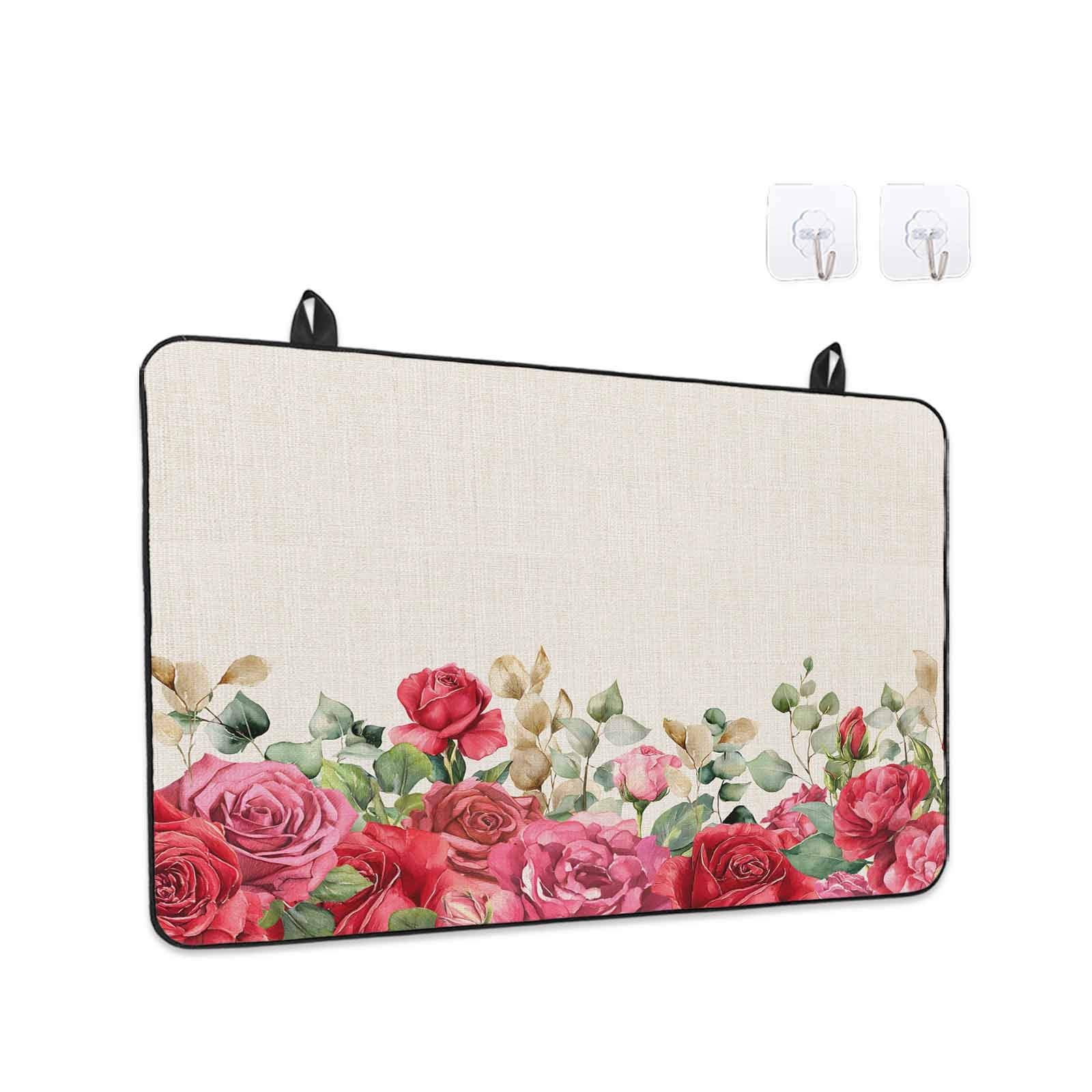 Roses Valentine's Day Stove Top Cover for Electric Stove, Heat-proof & Non Slip Glass Top Stove Cover Protector, Eucalyptus Leaves Floral Rustic Kitchen Flat Cooktop Rubber Mat 24x21 Inches