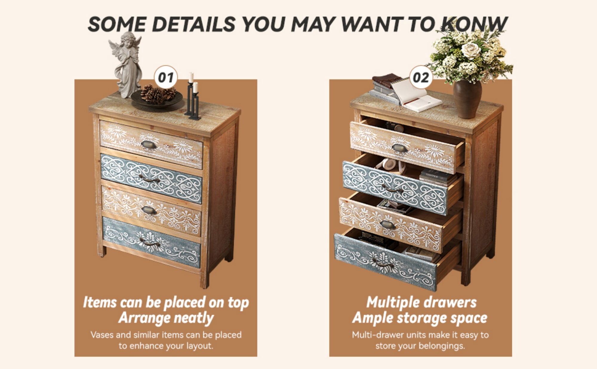 AENKYO Vintage 4-Drawer Storage Chest, Distressed Wood Accent Cabinet with Boho Floral Design, Blue & Beige