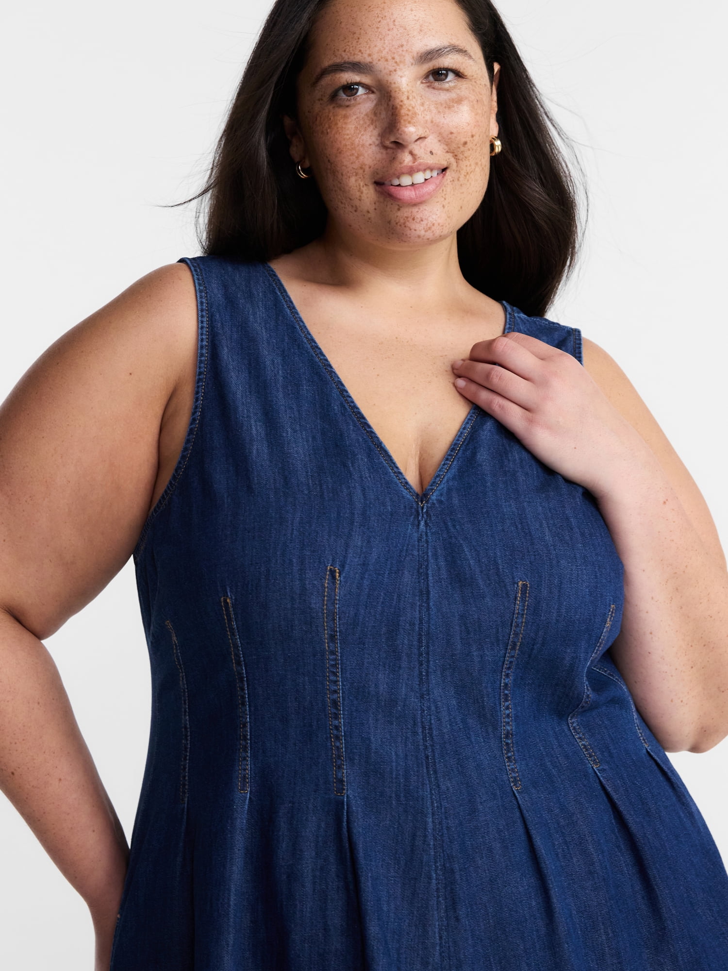 Terra & Sky Women’s Plus Sleeveless Midi Fit and Flare Denim Dress, Sizes 0X-5X