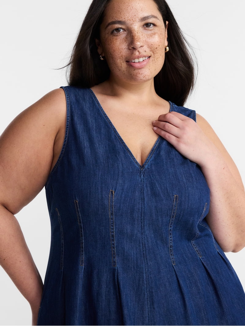 denim plus size dress Terra & Sky Womens Sleeveless Midi Fit and Flare Dress, Sizes 0x-5x, Women's, Size: 3XL, Blue flare silhouette and V color:Metallic Long Crazy Saturday34 1950S Style Bridesmaid Dresses