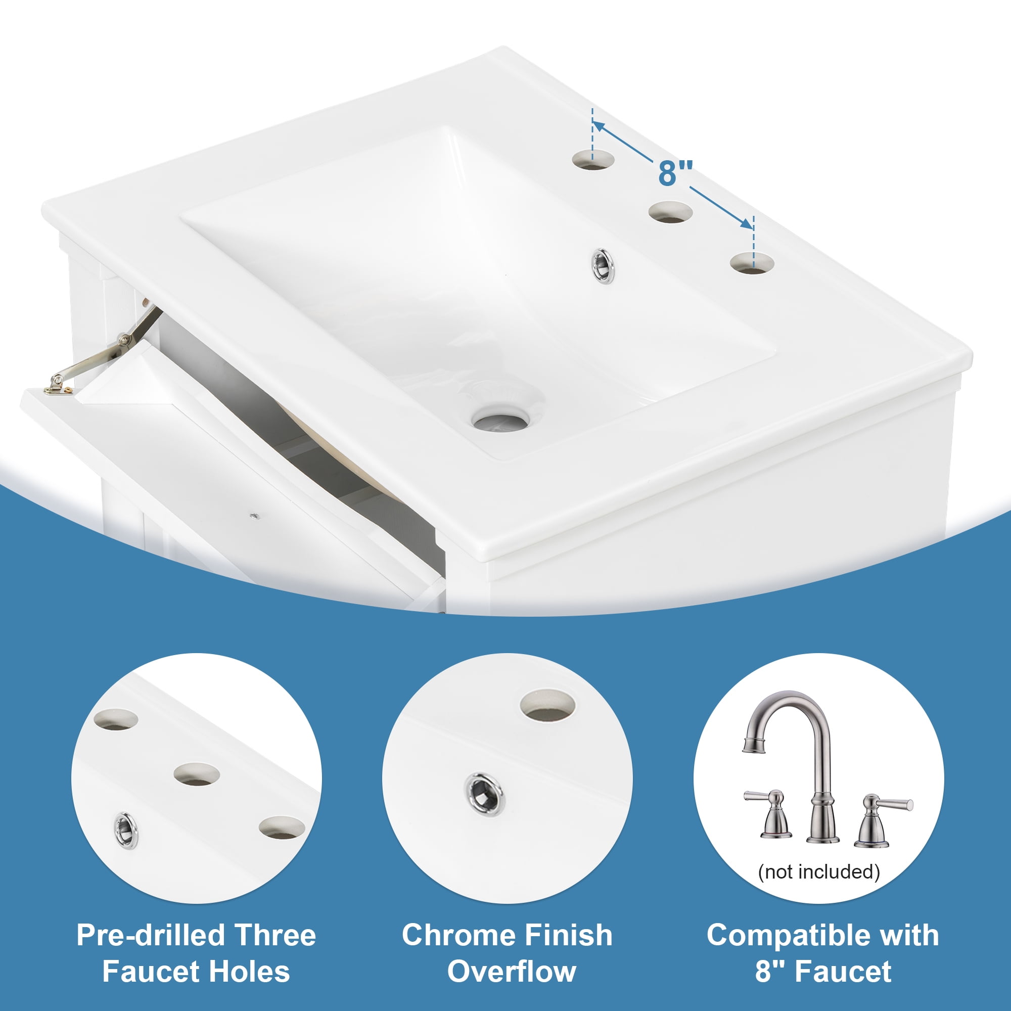 Alvantor 24" Bathroom Vanity with Ceramic Sink, Freestanding Storage Cabinet with Flip Drawers White