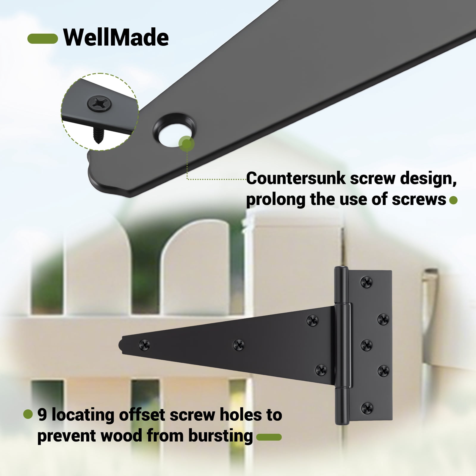 WellMade 4 Pack Heavy Duty Gate Hinges，10 In Decorative Black Hinge Wood Fence with Screws for Barn Doors, Storage Bins, and Tool Boxes