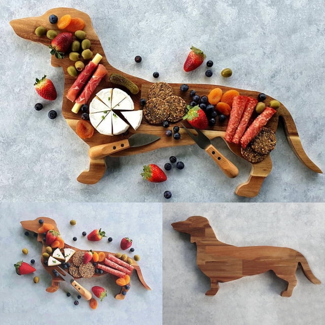 Fiudx Tabla de Cortar con Forma de Perro Salchicha, con Temática Navideña, de Madera Maciza, Bandeja Decorativa para Servir, Ideal para Aperitivos y Fiestas Familiares, 15.7 Pulgadas