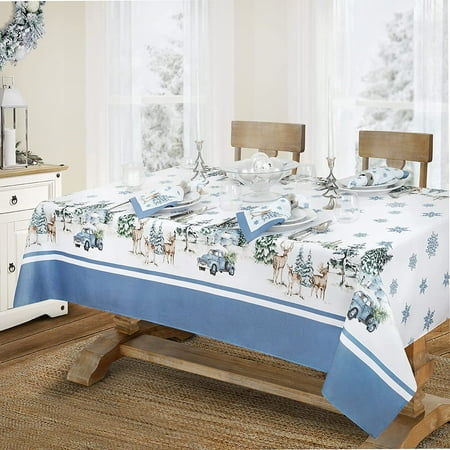

Newbridge Rustic Cabin and Lodge Evergreen Dreams Fabric Christmas Tablecloth - Deer Cabin and Farm Truck Winter Holiday Easy Care Stain Resistant Tablecloth 52 Inch x 70 Inch Oblong/Rectangle