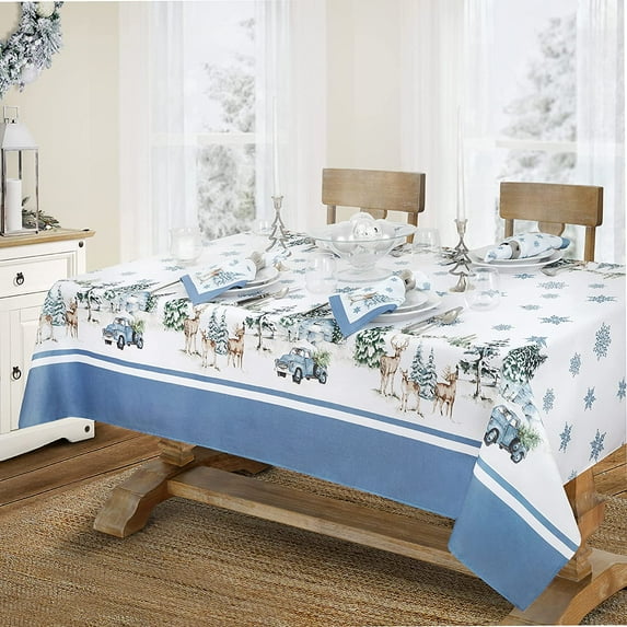Newbridge Rustic Cabin and Lodge Evergreen Dreams Fabric Christmas Tablecloth - Deer, Cabin and Farm Truck Winter Holiday Easy Care Stain Resistant Tablecloth, 60 Inch x 102 Inch Oblong/Rectangle