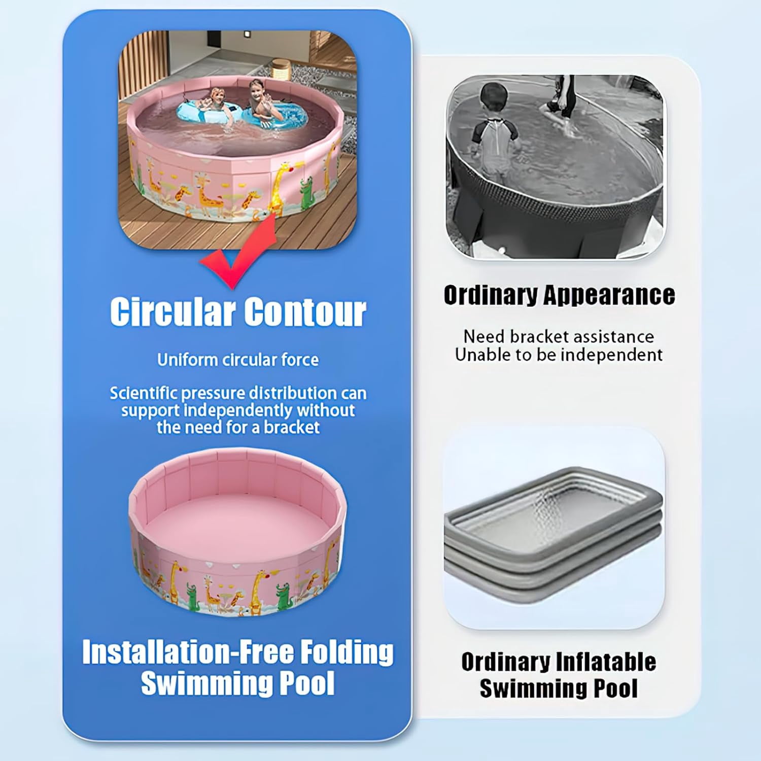 Folding Non Inflatable Swimming Pool, Home Swimming Pool, Mesh PVC Material, Suitable for Backyard Swimming Pool (Pink, 47inch)