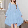 thumbnail image 2 of LIJCC Girls Dress Puff Trendy Cute Elegant Solid Color Long Sleeve Square Neck High Low Hem Smocked Shirred Tiered Ruffle Flared Party Fall Dresses, 2 of 7