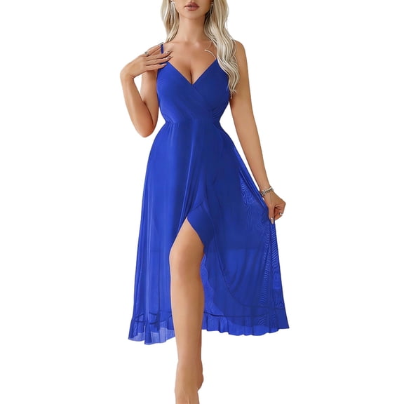 Tnhcen Women's Sleeveless Deep V Neck Mesh Nightgown Slip Dress Nylon Spandex Sleepwear S-L Plus Size Lightweight Comfortable Bedroom Dress