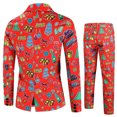 thumbnail image 4 of Conjunto de 2 piezas de chaqueta y pantalón con estampado de Papá Noel y árbol de Navidad rojo para hombre, para fiesta de noche, con un botón, blazer y pantalón, 4 of 5