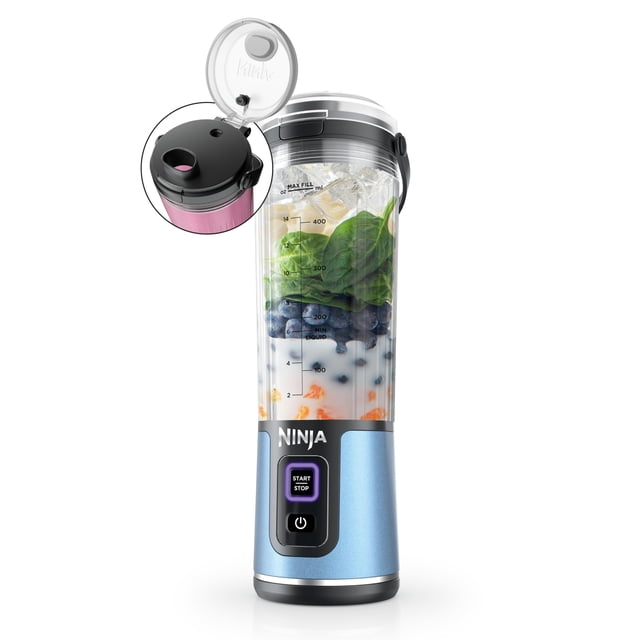 Ninja Blast Batidora portátil, sin cable, 18 onzas, licuadora personal para batidos y batidos, sin BPA, tapa a prueba de fugas y boquilla para sorbo, recargable con USB-C, apto para lavaplatos, azul
