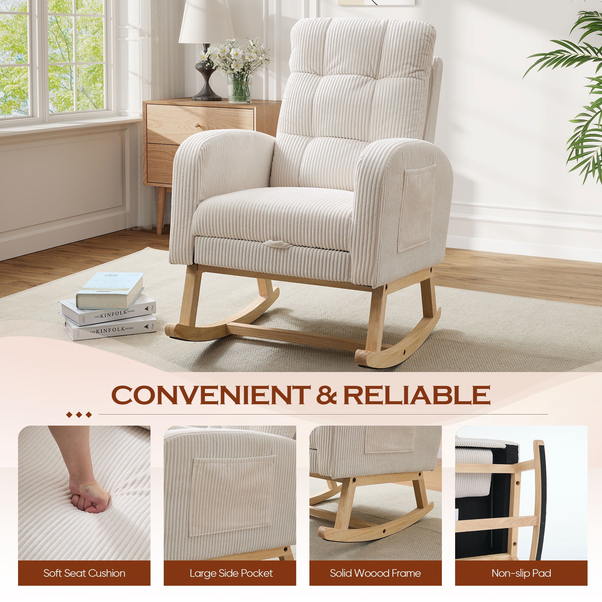 FFH Rocking Chair with Footrest, Rocking Chair for Nursery, Corduroy Armchair with High Backrest and Side Pockets, Accent Chair for Living Room, Bedroom, Beige