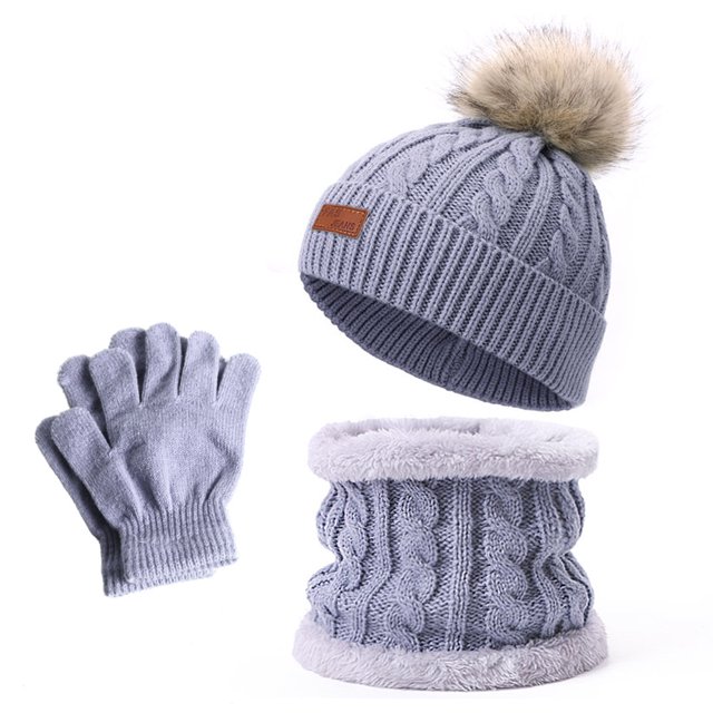 Gorro de cuello de invierno para niños, dos piezas, con pompón, para bebé, gorro de punto, cálido, forro polar de lana, conjunto de cuello grueso