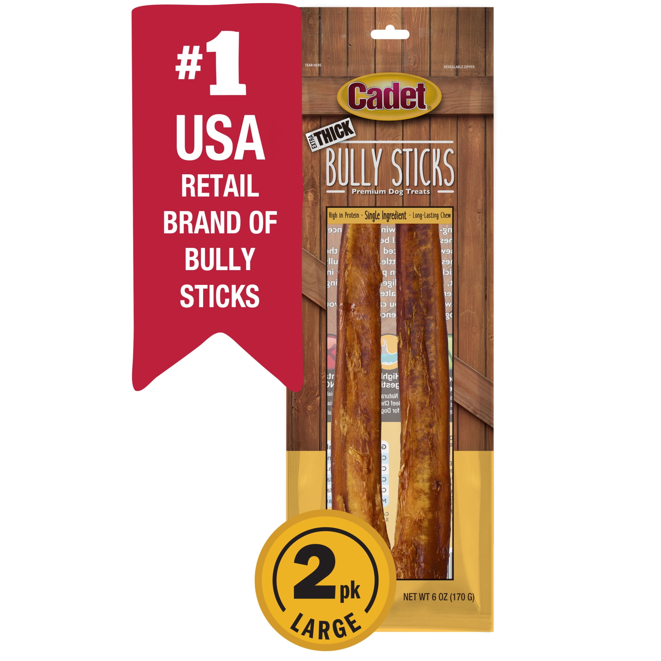 Cadet Bully Stick Dog Treats for Large Dogs, All Natural Beef Pizzle Dog Chews, 6 Ounce, 2 Count