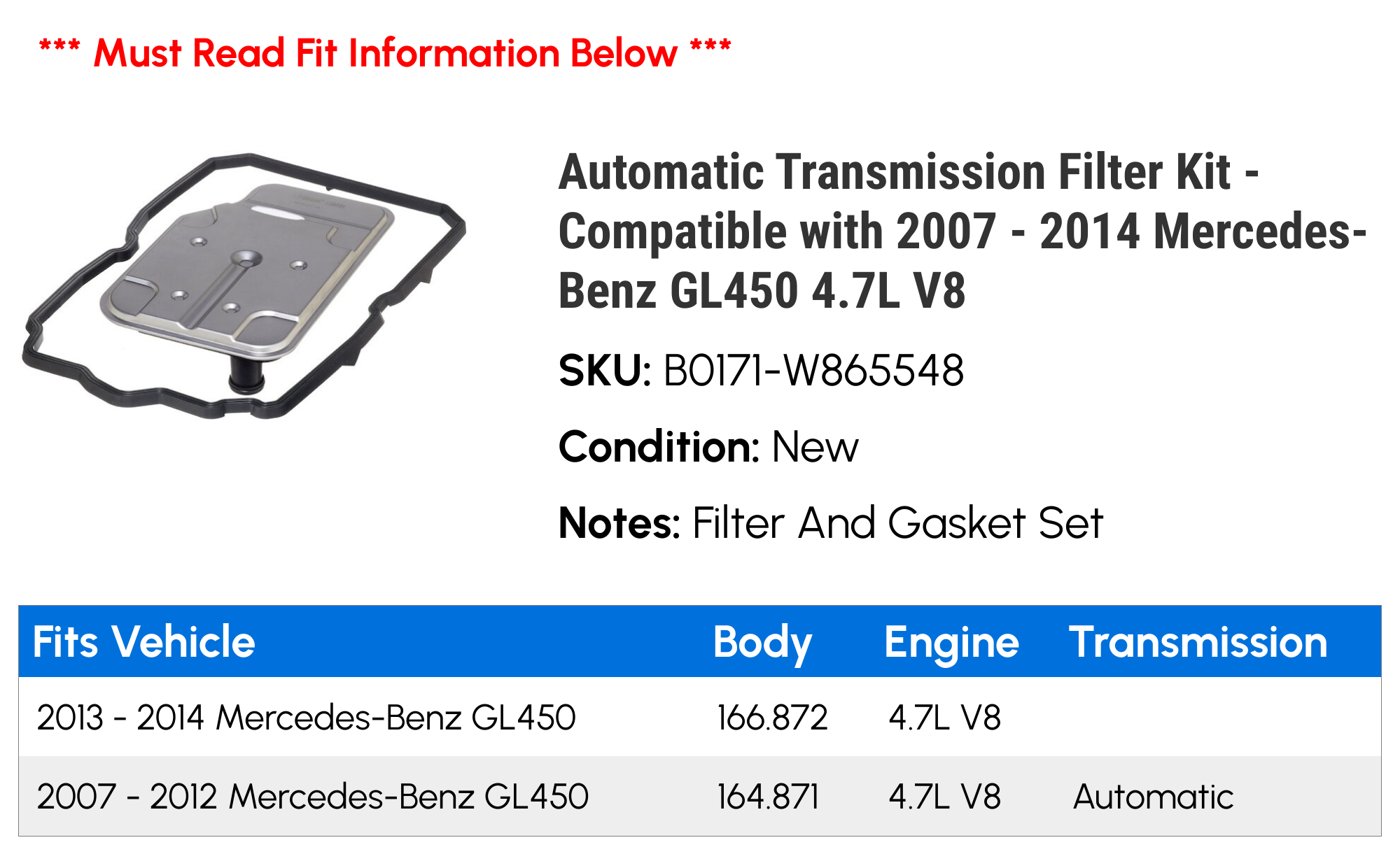 Automatic Transmission Filter Kit - Compatible with 2007 - 2014 Mercedes-Benz GL450 4.7L V8 2008 2009 2010 2011 2012 2013