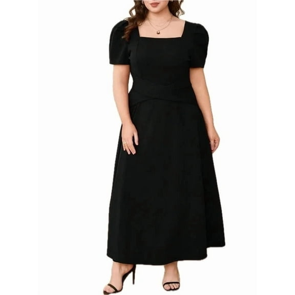Women's Plus Size Square Neck Puff Sleeve Midi Dress Crisscross Back 95% polyester 5% elastane Effortless flattering fit