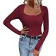 thumbnail image 1 of Gibobby Camiseta de manga larga Y2K Suéter de punto de cuello cuadrado de color sólido delgado sexy para mujer en otoño e invierno (Rojo, M), 1 of 5