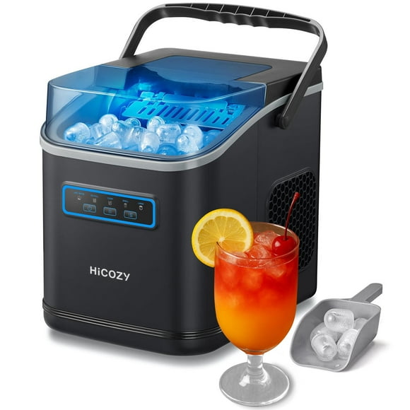 HiCOZY Clear View Ice Maker Countertop, Self-Cleaning Ice Machine with Ambient Lights, Ice in 6Mins, 26 lbs/Day, 2 Sizes of Bullet Ice for Apartment/Kitchen/Office/Home Bar, Black