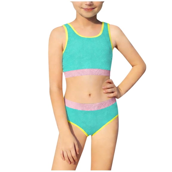 Atogsazn Children's Girls 2 Piece Swimsuit Kids High Waist Sporty Bikini Set Swimwear Bathing Suit Clothes 02-Mint Green 7-8 Years Fashion