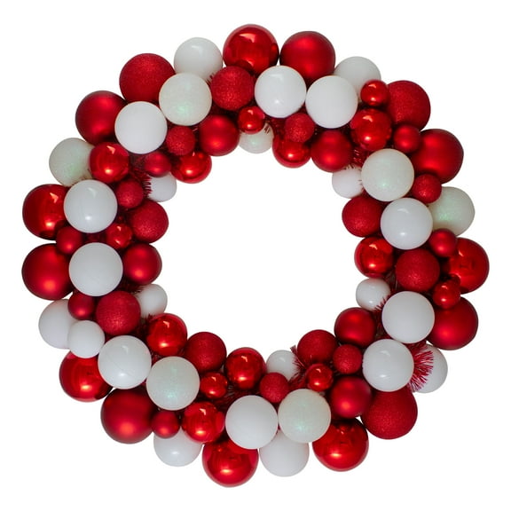Northlight 3-Finish Shatterproof Ball Christmas Wreath - 24" - White and Red - Unlit