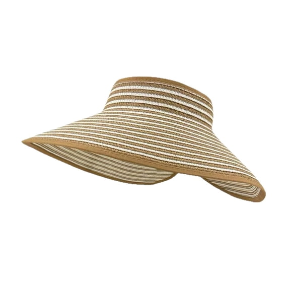 Voska Women's Two Tone Striped Straw Visor Hat Wide Brim Roll Up Foldable Summer Vacation Sun Hat Khaki