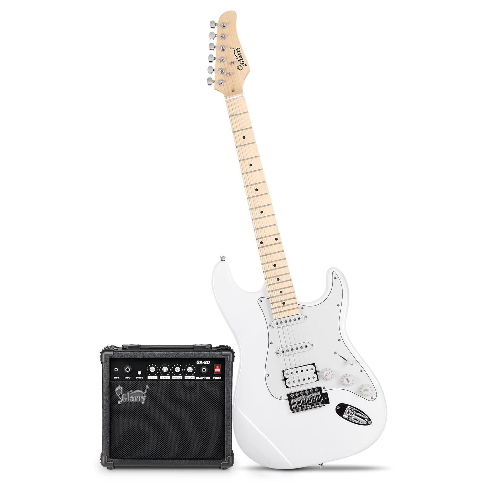 Glarry Full Size Electric Guitar Kit with 20W AMP, Tremolo Arm, White