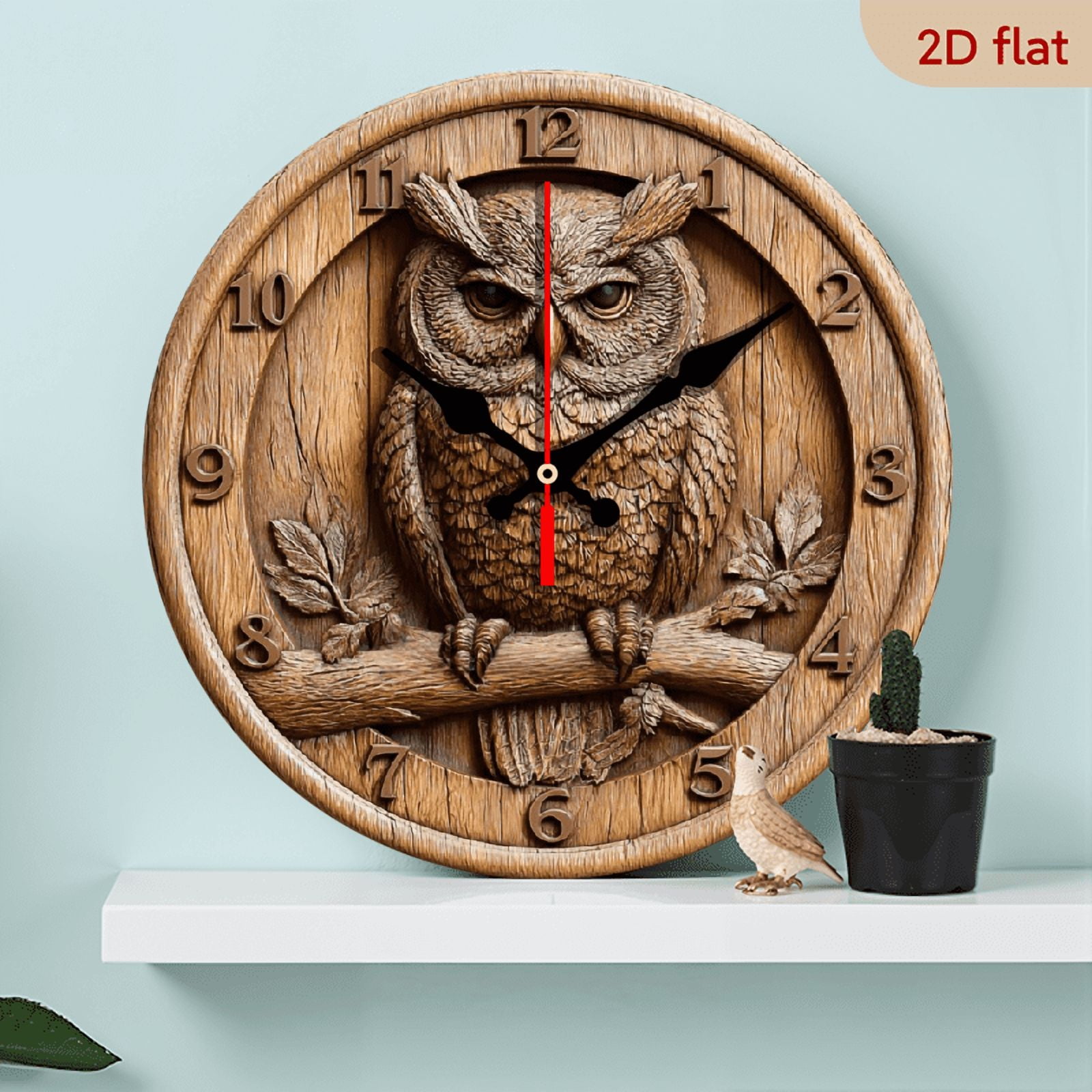 2D Flat 1pc 10Inch Vintage Owl-Themed Silent Wooden Wall Clock, Round, Farmhouse Style Home Decor for Kitchen, Bedroom, Office - No Ticking, Battery Operated (AA, Not Included) - Ideal St Patrick's