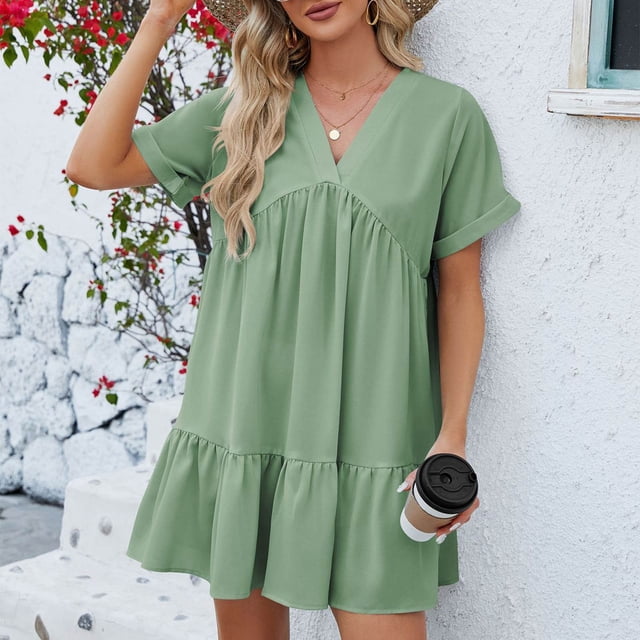 Fshaion Robe d'Été pour Femmes 2024 Grande Taille Col en V Couleur Unie Manches Courtes Plissée Ample Robe Liquidation Moins de 10!