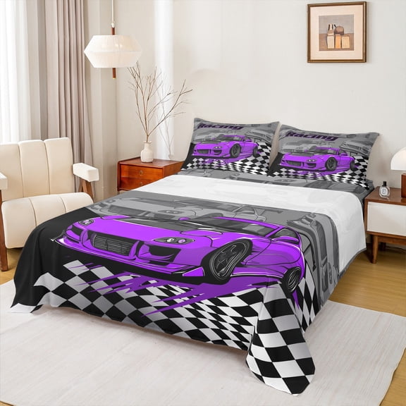 Manfei Purple Racing Car Twin Sheet Sets 3pcs for Boys, Speed Sports Car Twin Fitted Sheet, Black White Plaid Flag Flat Sheet, Breathable Home Decor