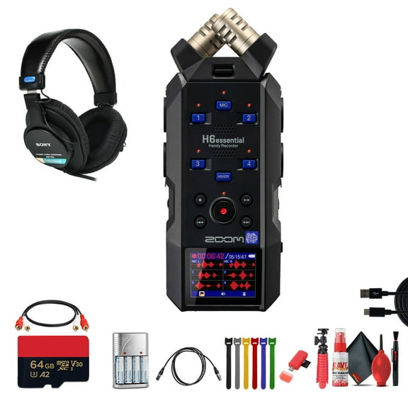 Zoom H6essential 6-Track 32-Bit Float Portable Audio Recorder Bundle With BTA-1 Bluetooth Adapter   MDR-7506 Professional Stereo Headphones   More