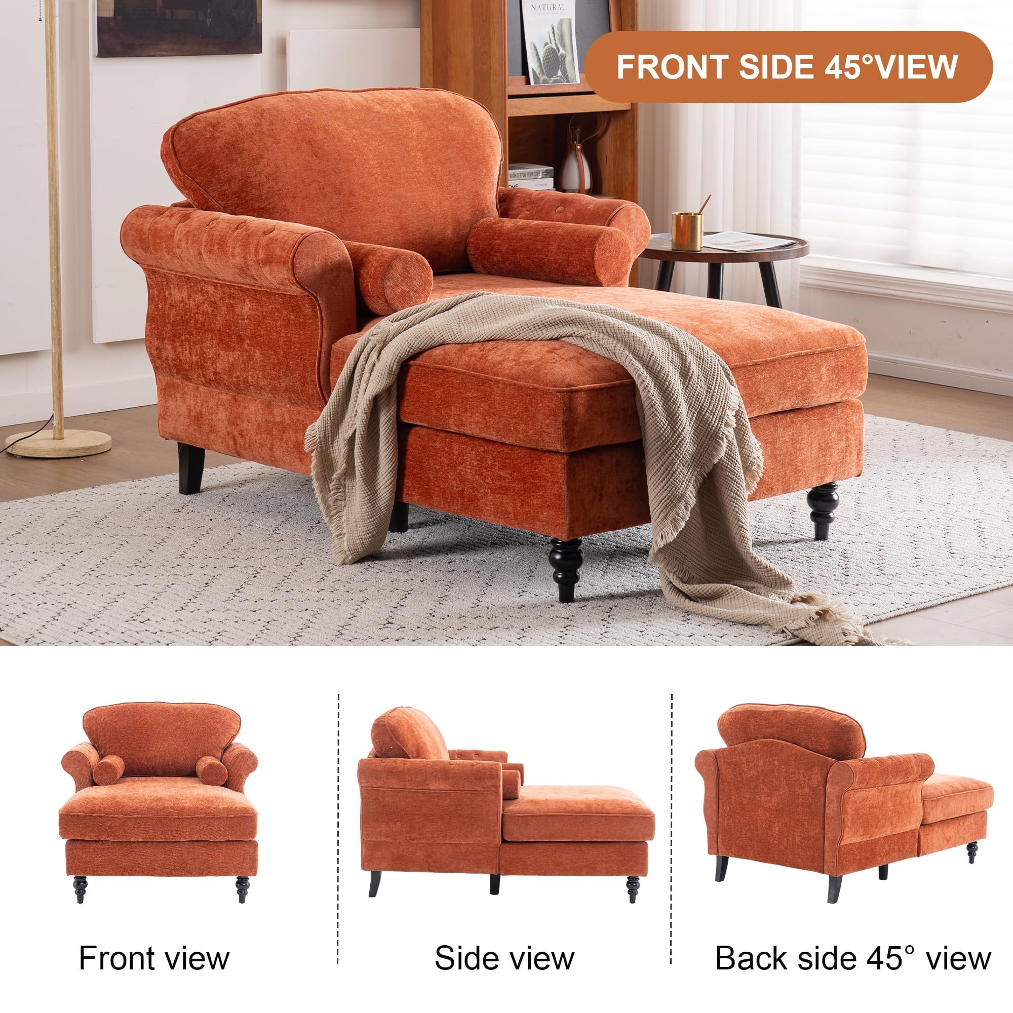 Aukfa Curved Arm Chaise Lounge Indoor Chair Oversized Mid-Century Modern Chair, 2 Pillows, Chenille, Orange