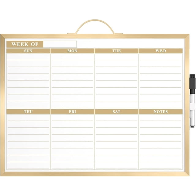 Weekly Calendar Dry Erase Board for Wall, 16"x12" Double-Sided Golden Weekly