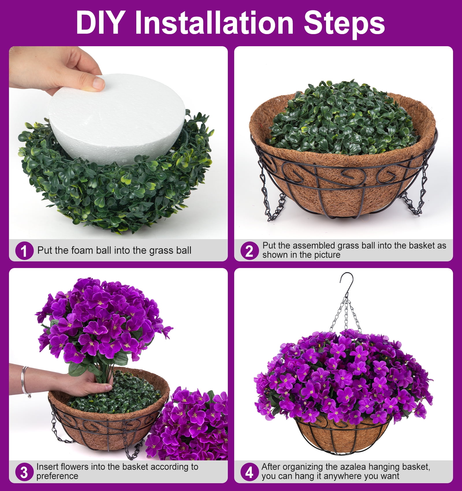 Scidweet Artificial Hanging Flowers with 12" Basket for Outdoors, Fake Flowers Faux Hydrangea for Spring Summer Outside Indoor Home Garden Decoration, Purple