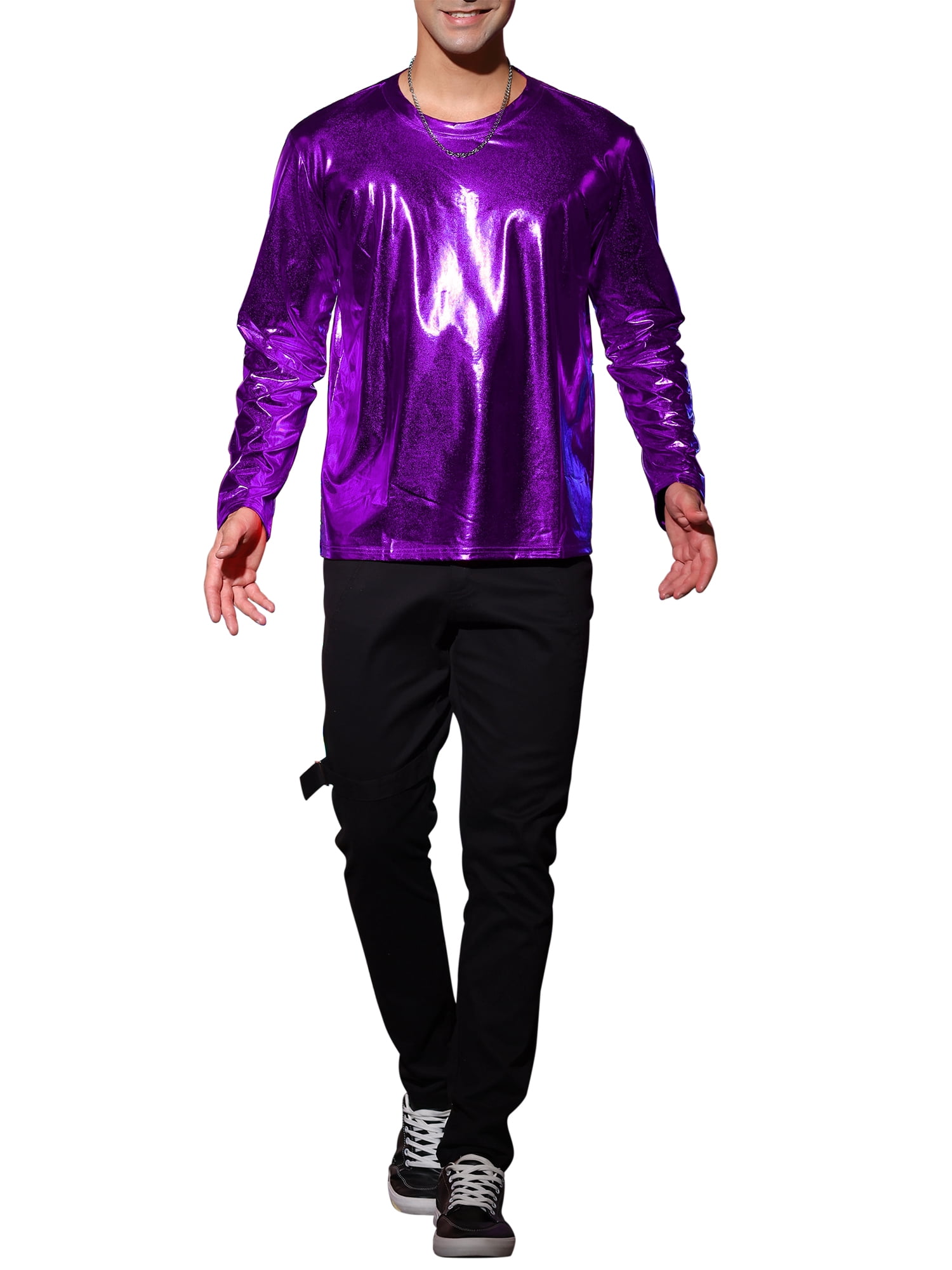 Unique Bargains Men's Metallic T-Shirt Round Neck Long Sleeve Shining Disco Tee Top S Purple