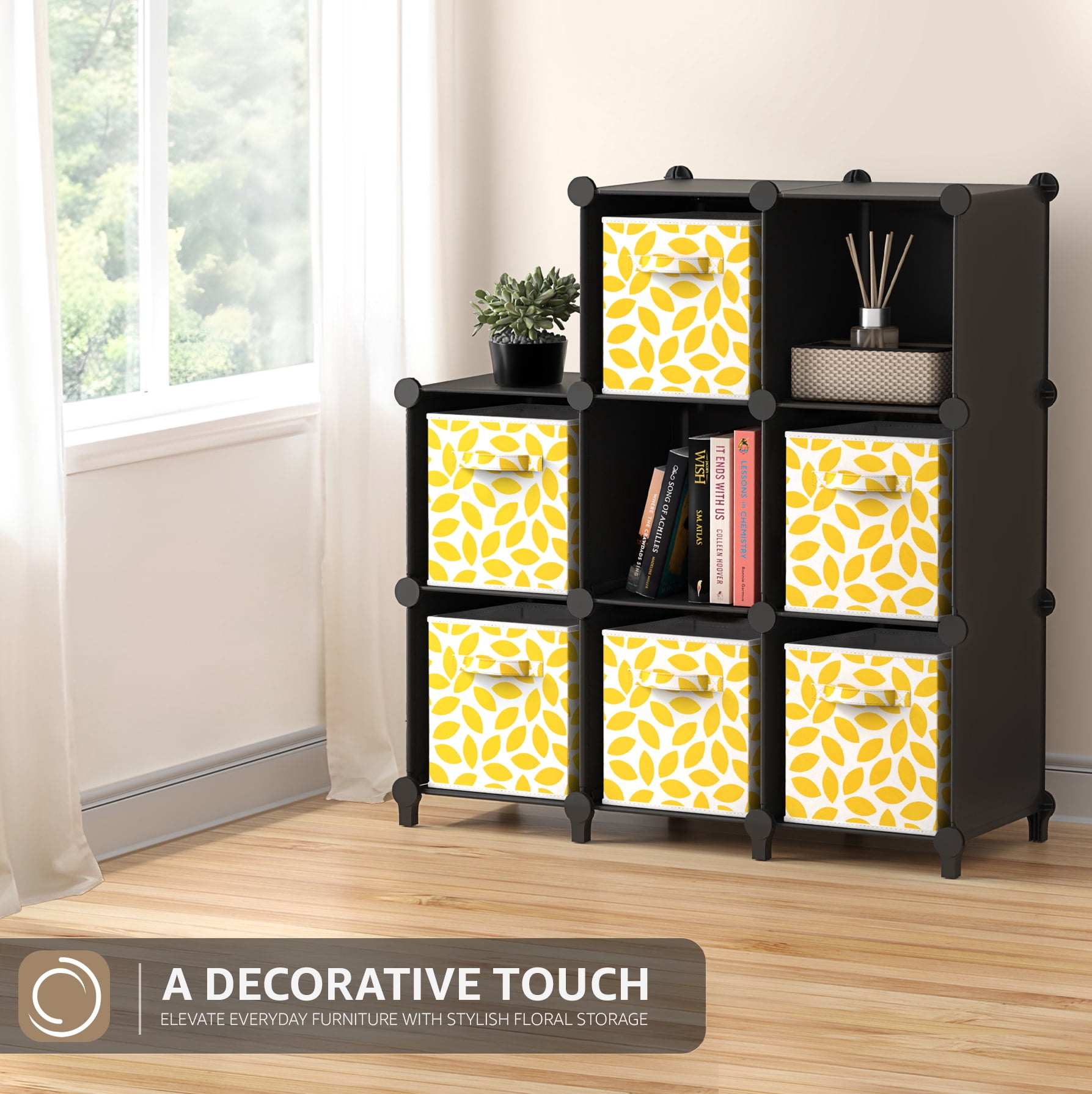 Sorbus 6-Pack 11-Inch Foldable Storage Cubes with Handles, Yellow Floral Petal Print Organizer Bins