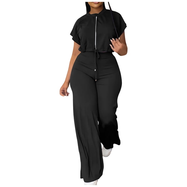 Yuyuzo Fall Outfits for Women Short Sleeve Drawstring Tops with Straight Leg Pants Solid Color 2 Piece Sets