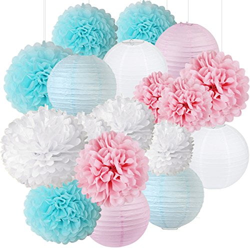 blue and pink baby shower decorations