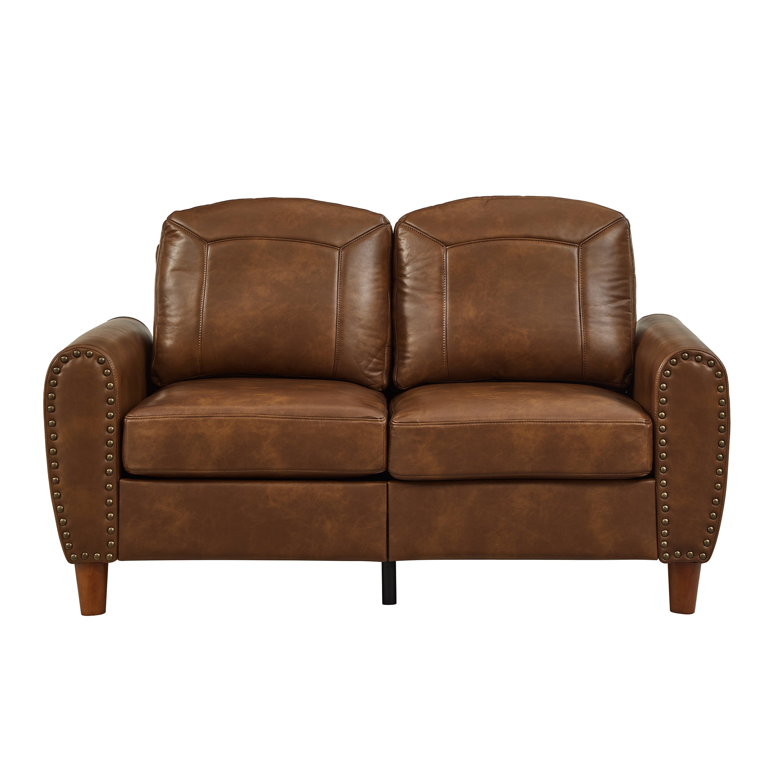 Mid-Century Modern Faux Leather Loveseat Sofa,59"W Classic Rolled Arm 2-Seater Sofa Couch with Brass Nailhead Trim & Solid Wood Legs,Apartment,Living Room Furniture,Brown