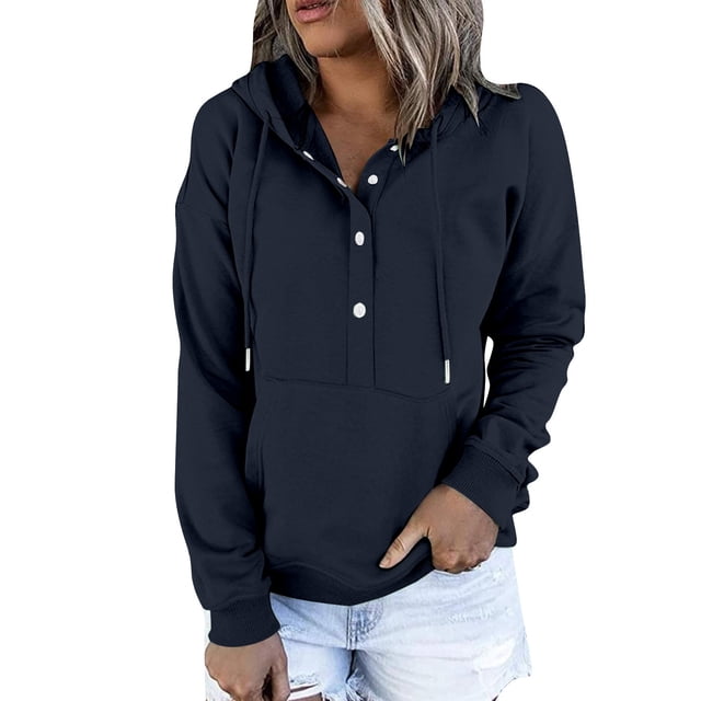 Timegard Hoodies for Women Button Long Sleeve Sweatshirts Pullover Fall Winter Loose Top with Pocket