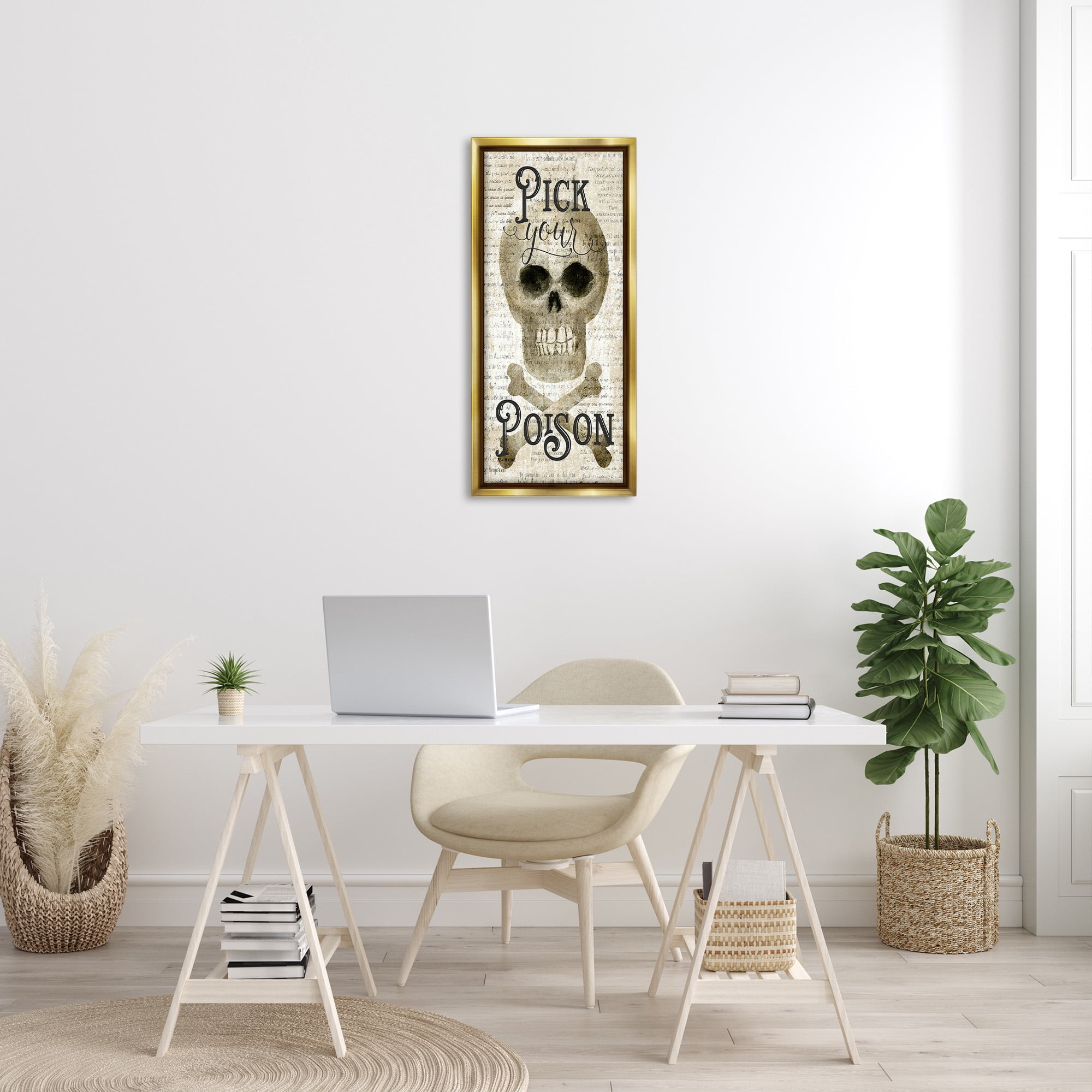 Stupell Industries Pick Your Poison Skull Holiday Painting Gold Floater Framed Canvas Art Print Wall Art, 14 x 31