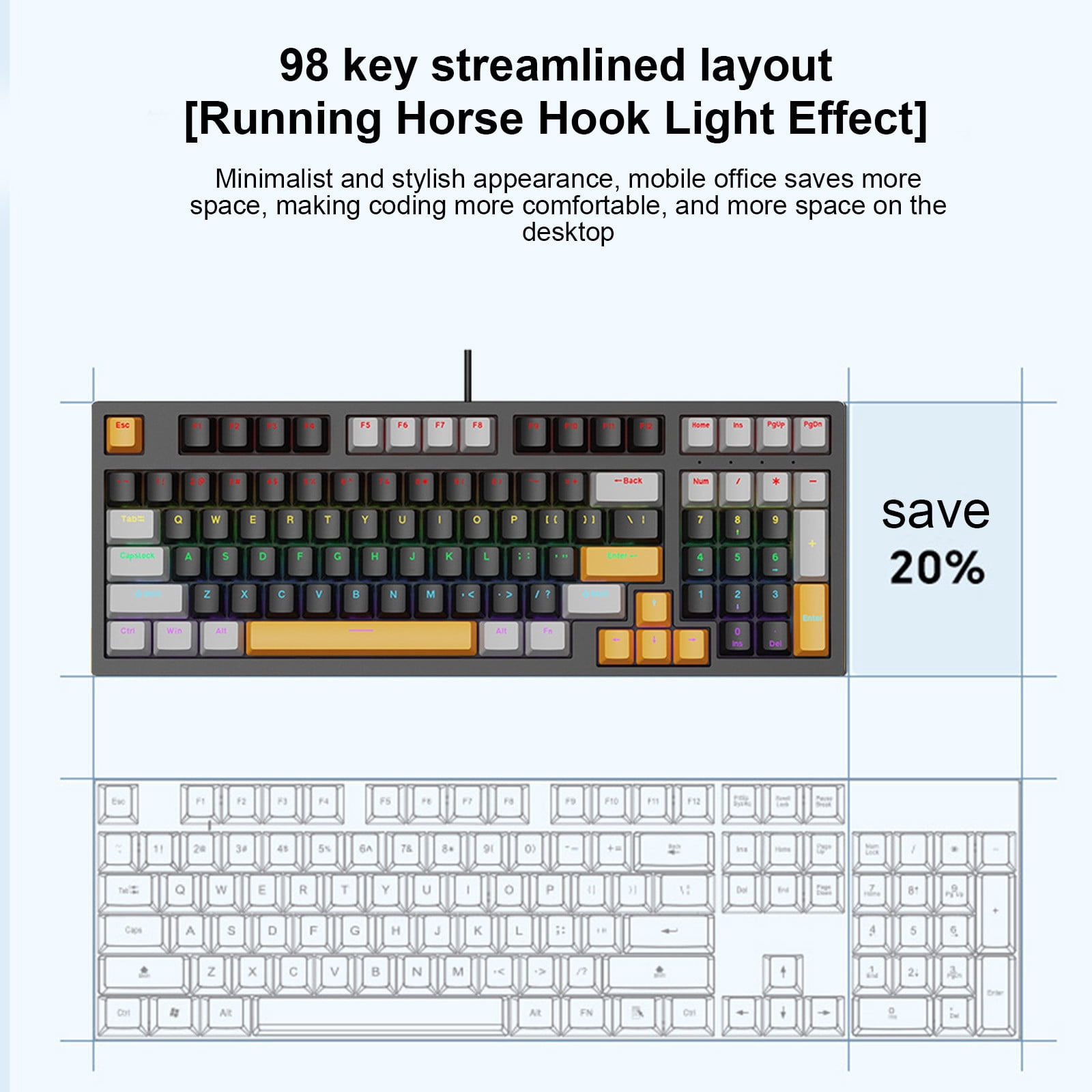 AuroraX 98 Keys Gaming Keyboard LOL Wired C-Type Ergonomic Keyboard Gray RGB Lighting Mechanical Keyboard