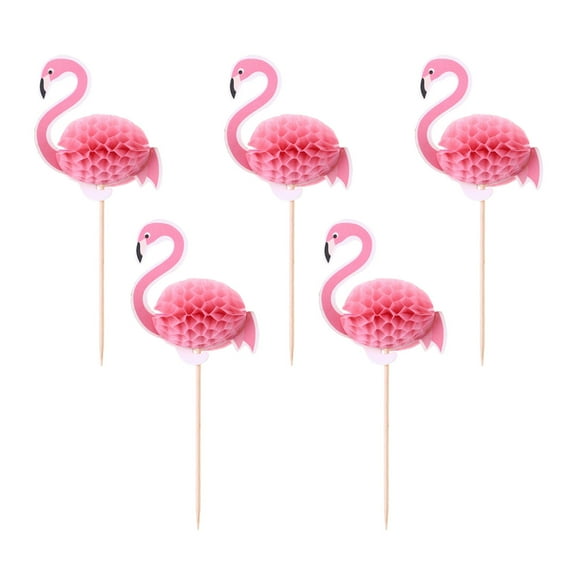 Masteelf 5pcs Pink Flamingo Cake Topper Set Paper Picks for Wedding Birthday Luau Party Decoration