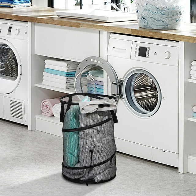 Cesto de Malla Plegable para Ropa Sucia con Cordón, Cesta para Ropa Sucia Plegable para El Hogar, Viajes, Dormitorio, Organizador de Almacenamiento Portátil, Color Negro