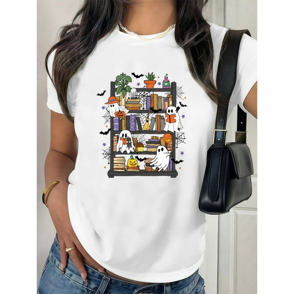 Halloween Ghosts Bookshelf Graphic Tee Colorful Spooky Design Literary Cotton T-Shirt Top White S-5XL