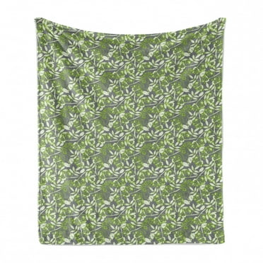 Vine Soft Flannel Fleece Throw Blanket, Botany Pattern with Creeper Leaves and Blooming Berries on Branches, Cozy Plush for Indoor and Outdoor Use, 60" x 80", Apple Green White, by Ambesonne