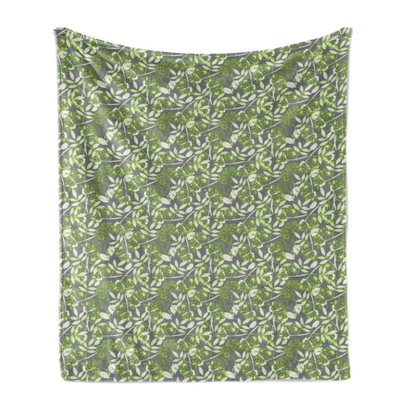 Vine Soft Flannel Fleece Throw Blanket, Botany Pattern with Creeper Leaves and Blooming Berries on Branches, Cozy Plush for Indoor and Outdoor Use, 60" x 80", Apple Green White, by Ambesonne