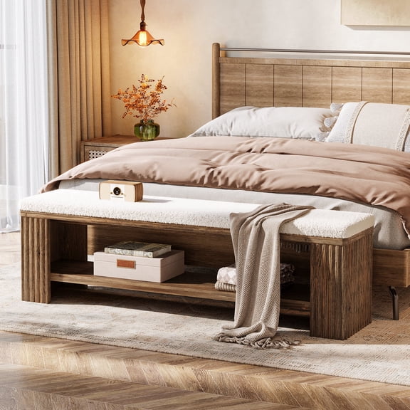 Finmind 63" Modern Upholstered Bed Bench with Cushion, Indoor Solid Wood Bench for Entry, Brown