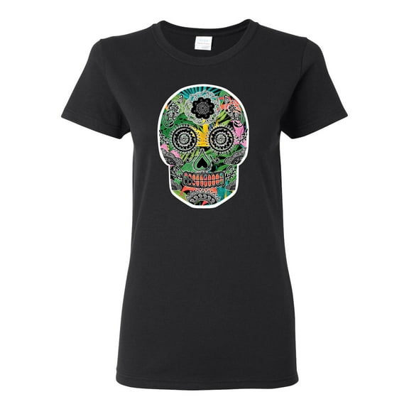 Day Of The Dead Calavera Skull Colorful Trippy | Womens Pop Culture Graphic T-Shirt, Black, Small