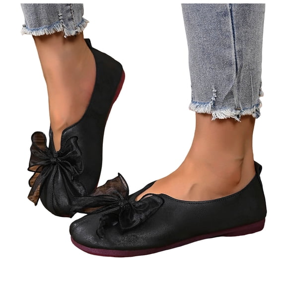 Rokment Women's Lace Bowknot Vintage Mary Jane Ballet Flat Wide Width Comfortable Suede Slip on Walking Loafers Casual Dress Shoes for Bride